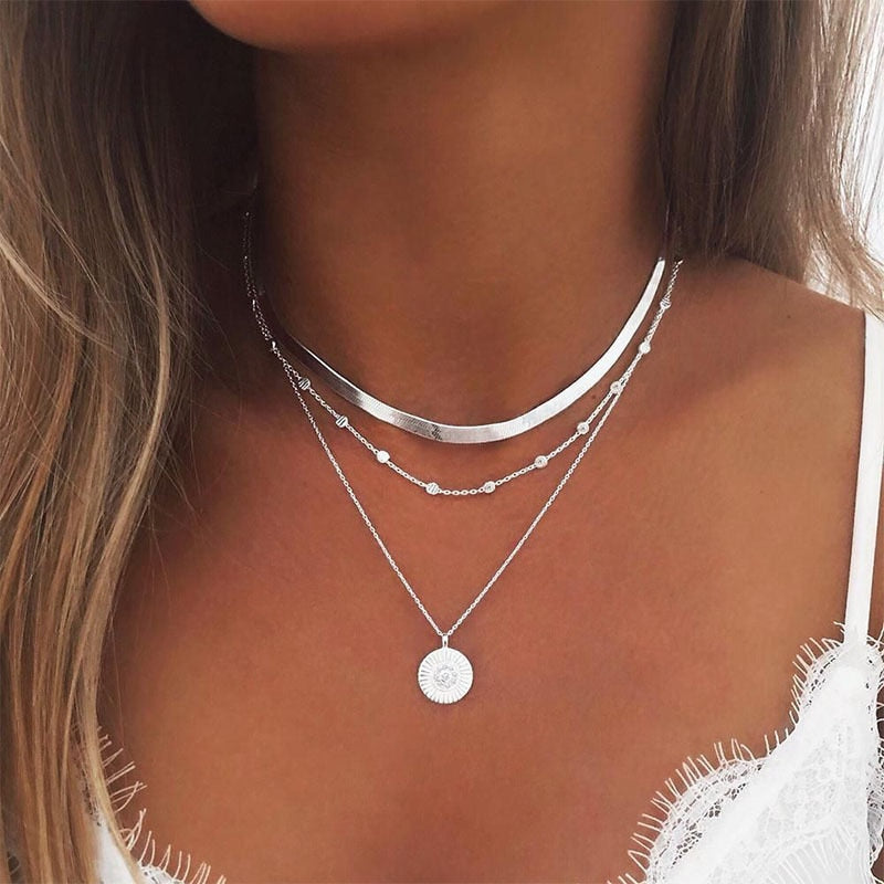 Silver Three-Layer Round Necklace Simple Snake Chain Charm Ball Chain